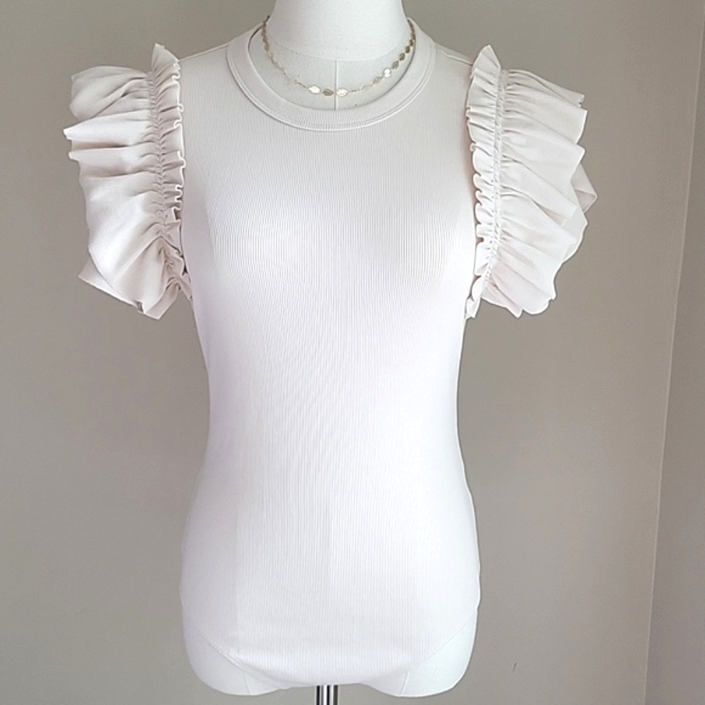 Express Bodysuit, Ruffle Sleeves, Beige/Nude, Ribbed Design, Medium Crew Neck